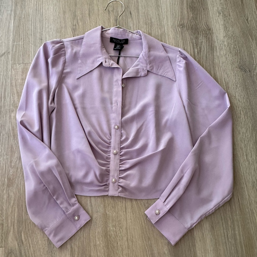 Rachel Zoe Lilac Ruched Pearl-Button Blouse